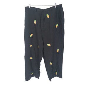 Paraphrase Size 20W Womens Pants Black 100% Linen Embroidered Pineapple Linen